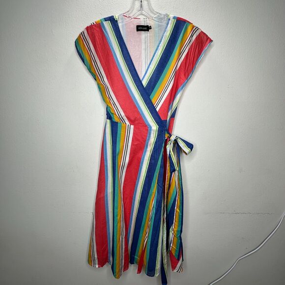 Modcloth Liza Luxe Multi-Color Stripe VNeck Sleeveless Tie Wrap Midi Dress XS - Picture 13 of 14
